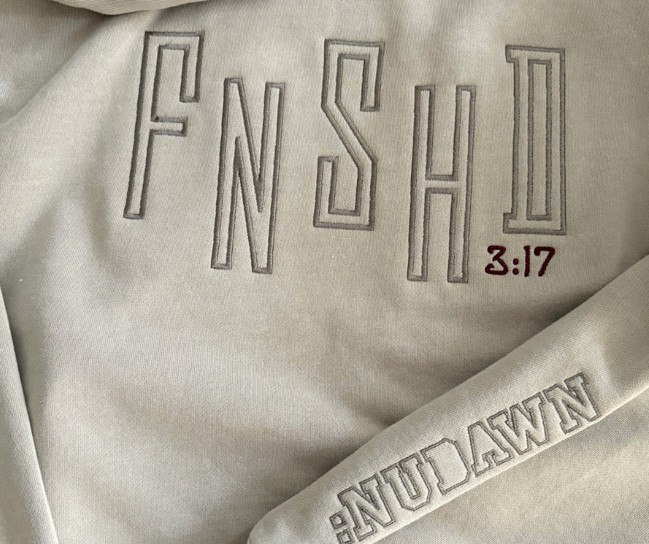 Unisex Taupe Christian Hoodie is embroidered with FNSH 3:17 referring to the finished work on the cross.