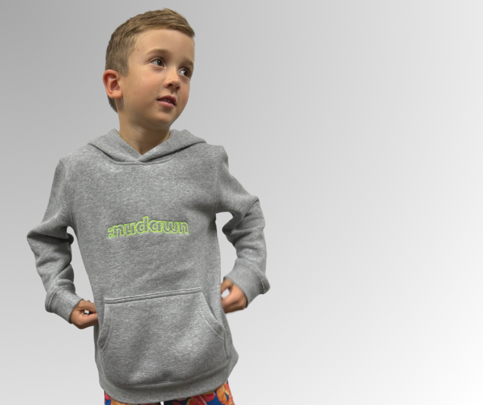 Kids Grey Hoodie with neon green text referring to Christs Kingdom. 