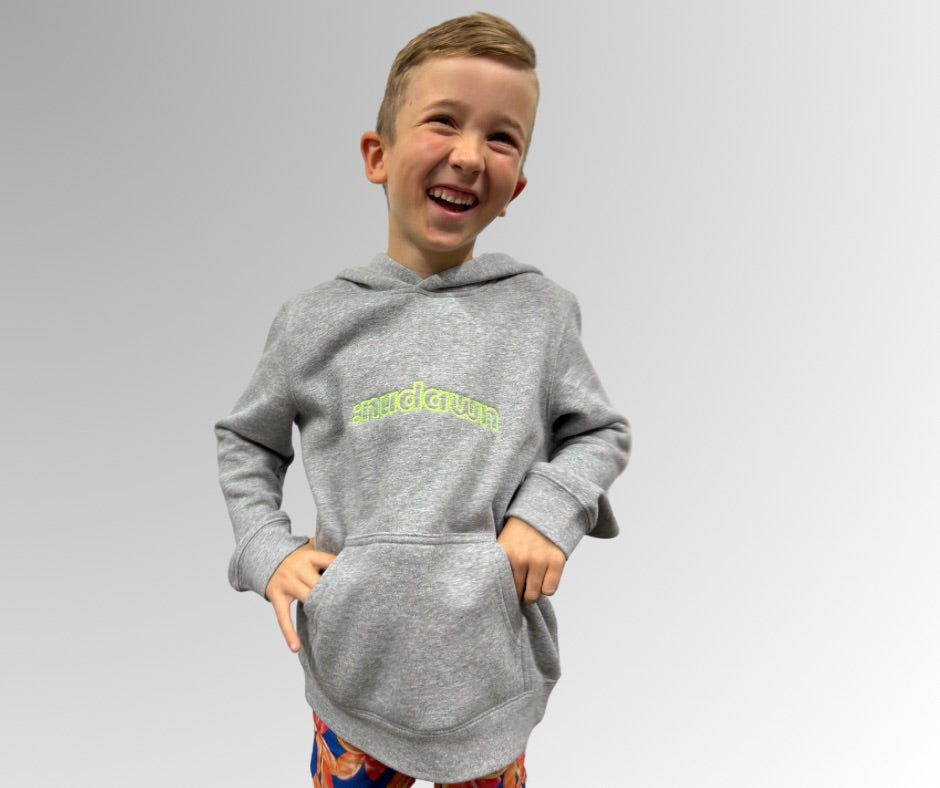 Kids Grey Hoodie written in neon green text Kingdom Kid. 