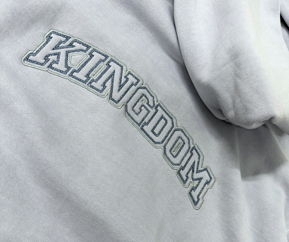 Light Blue Christian Hoodie. Embroidered with Kingdom on the back referring to Christs Kingdom. Christian Apparel and followers of the way. 