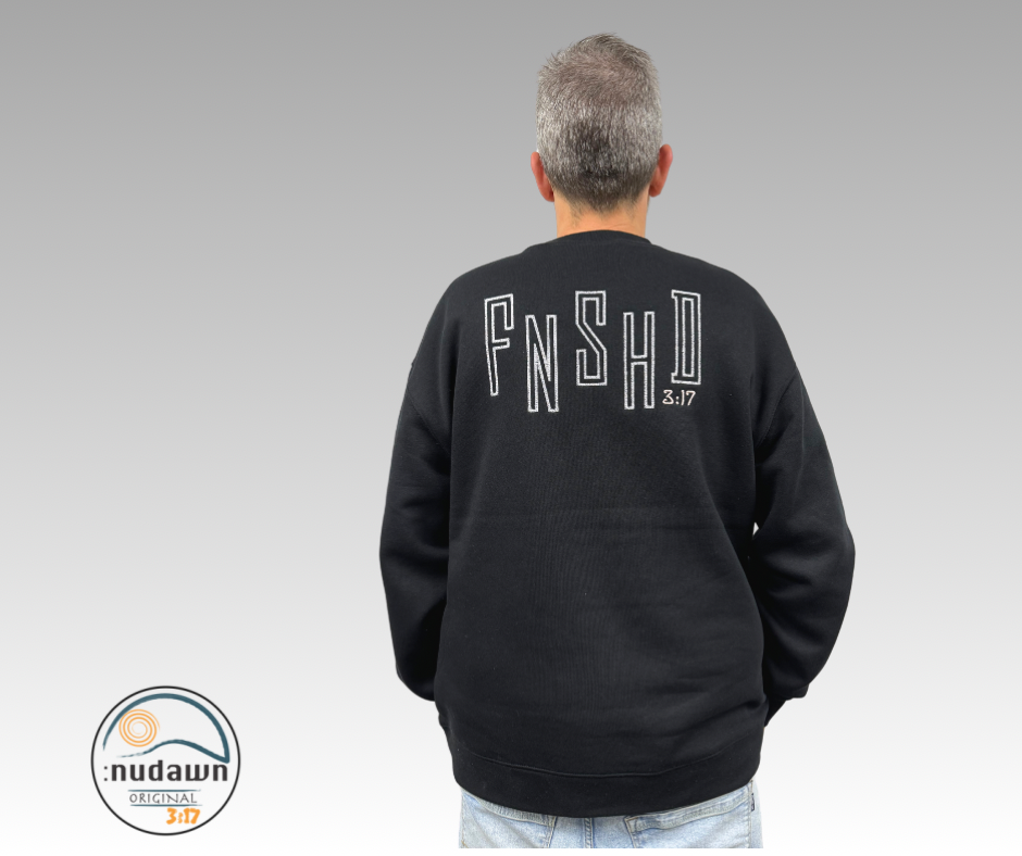 Black Christian Crewneck embroidered with FNSHD 3:17 representing the finished work on the christian cross that Jesus took on. 