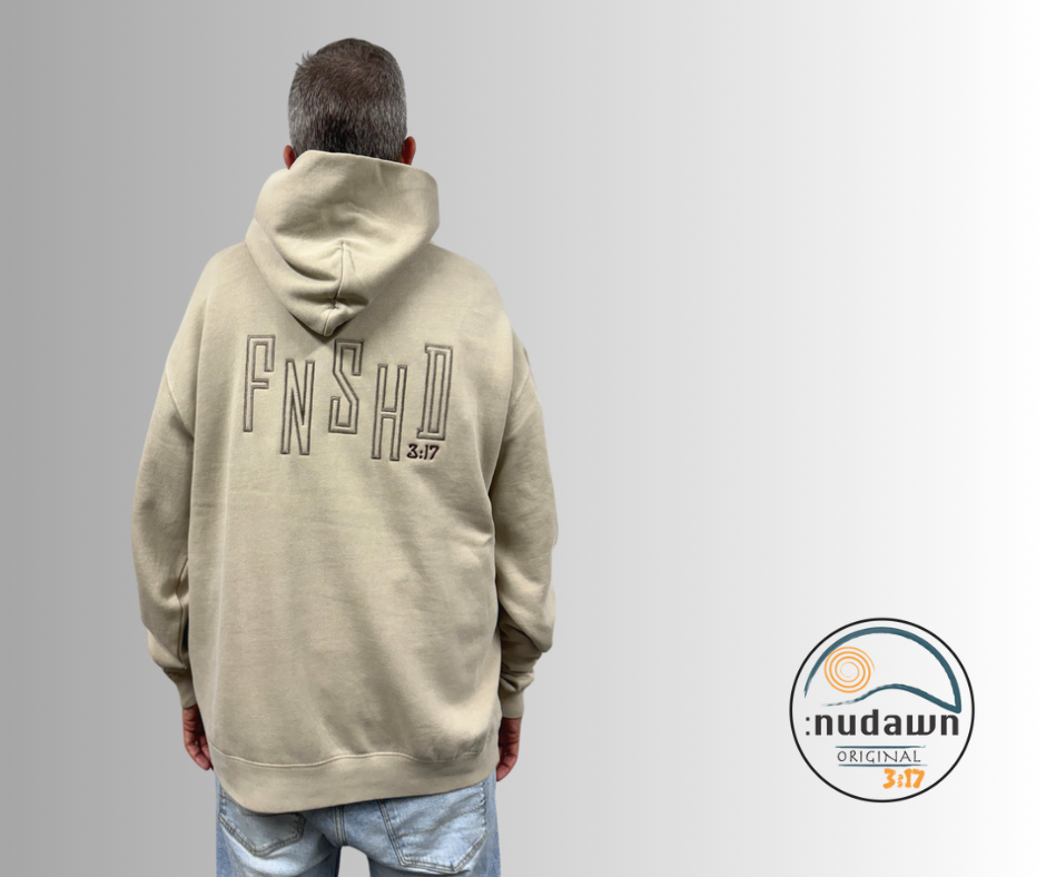 Unisex Taupe Christian Hoodie is embroidered with FNSH 3:17 referring to the finished work on the cross.