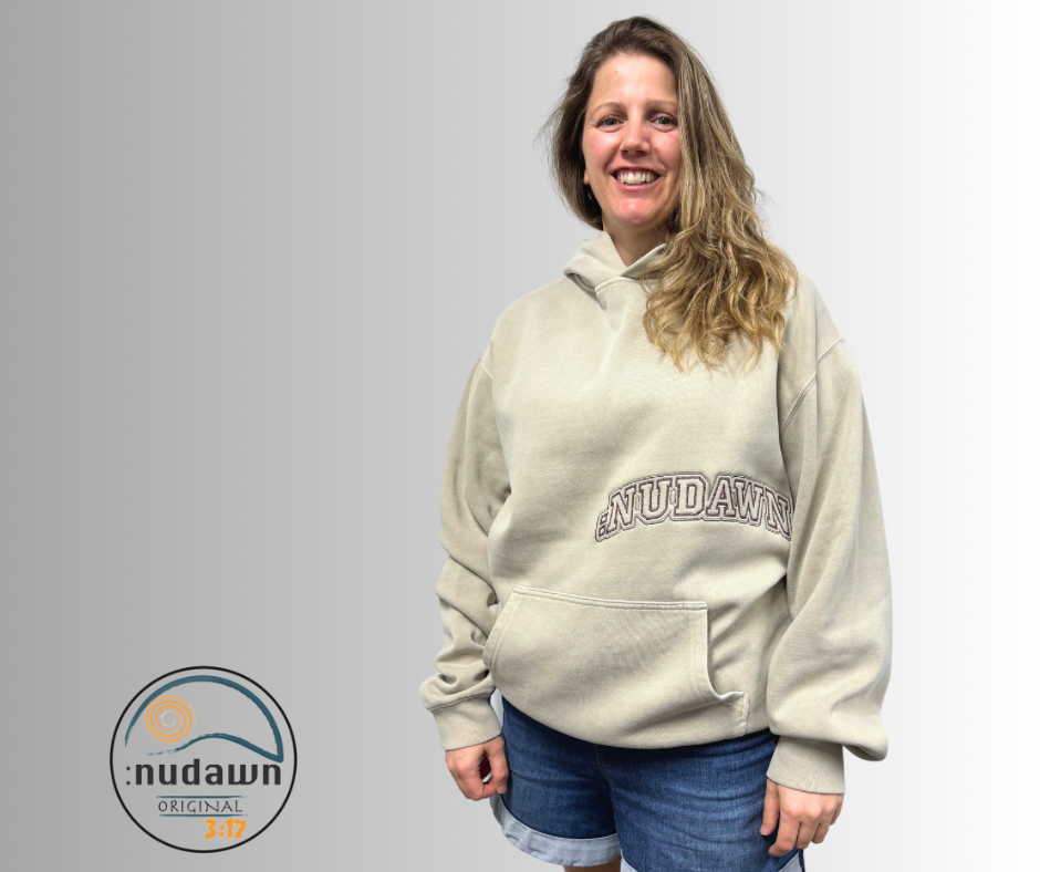 Unisex Taupe Christian Hoodie. With nudawn apparel branding representing the new day we have in christ. 