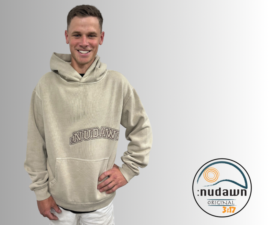 Unisex Taupe Christian Hoodie. With nudawn apparel branding representing the new day we have in christ. 