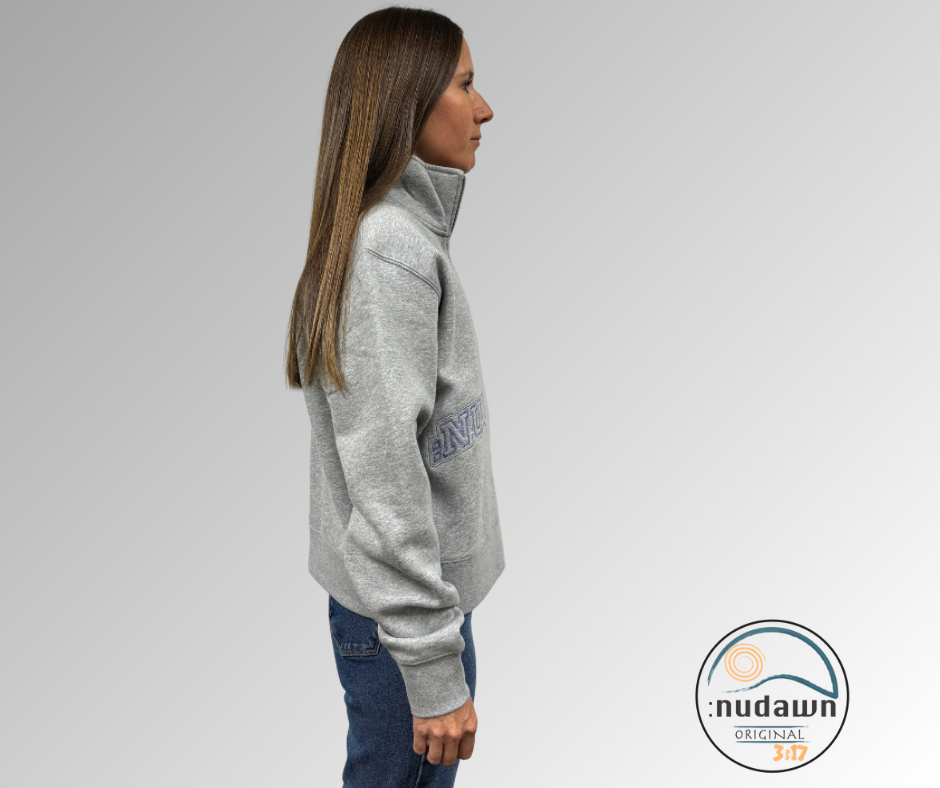 Womens Grey Half Zip Christian Crewneck. With nudawn apparel branding representing the new day we have in christ. 