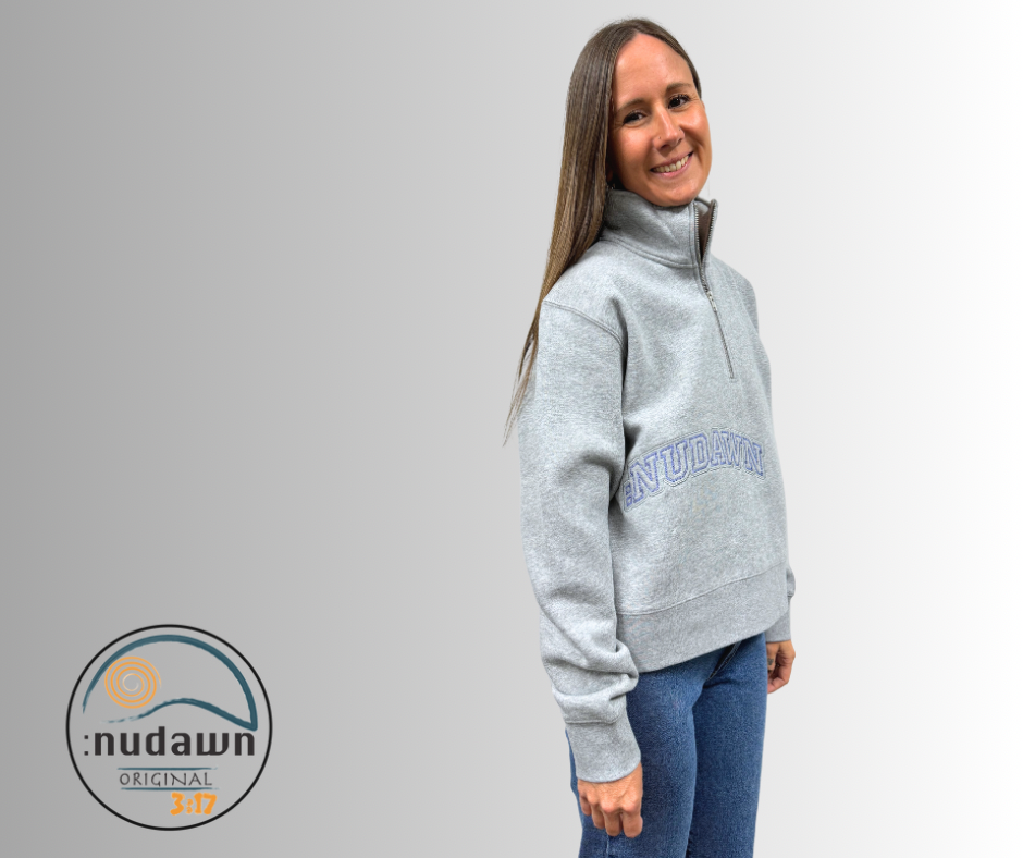 Womens Grey Half Zip Christian Crewneck. With nudawn apparel branding representing the new day we have in christ. 