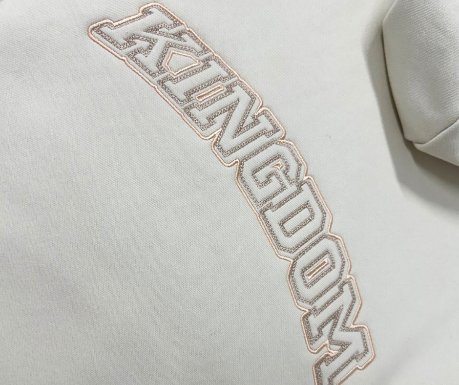 Womens White Christian Hoodie embroidered with Christian text referring to Christs kingdom. 