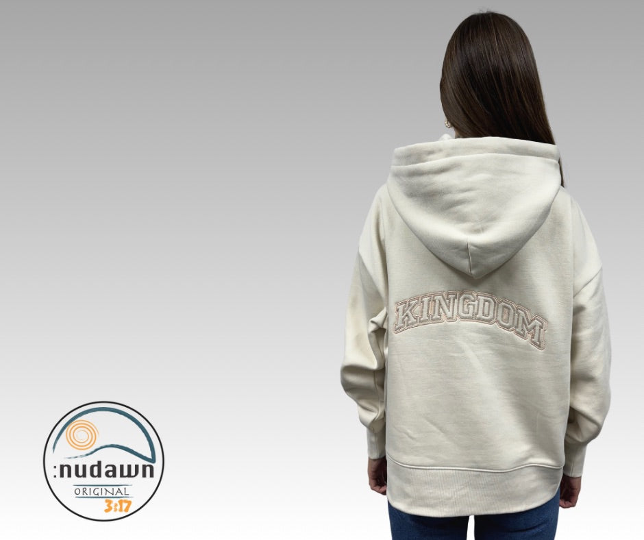 Womens White Christian Hoodie embroidered with Kingdom on the back of the hoodie referring to Christs Kingdom. Apparel for Christians and follows of the way.