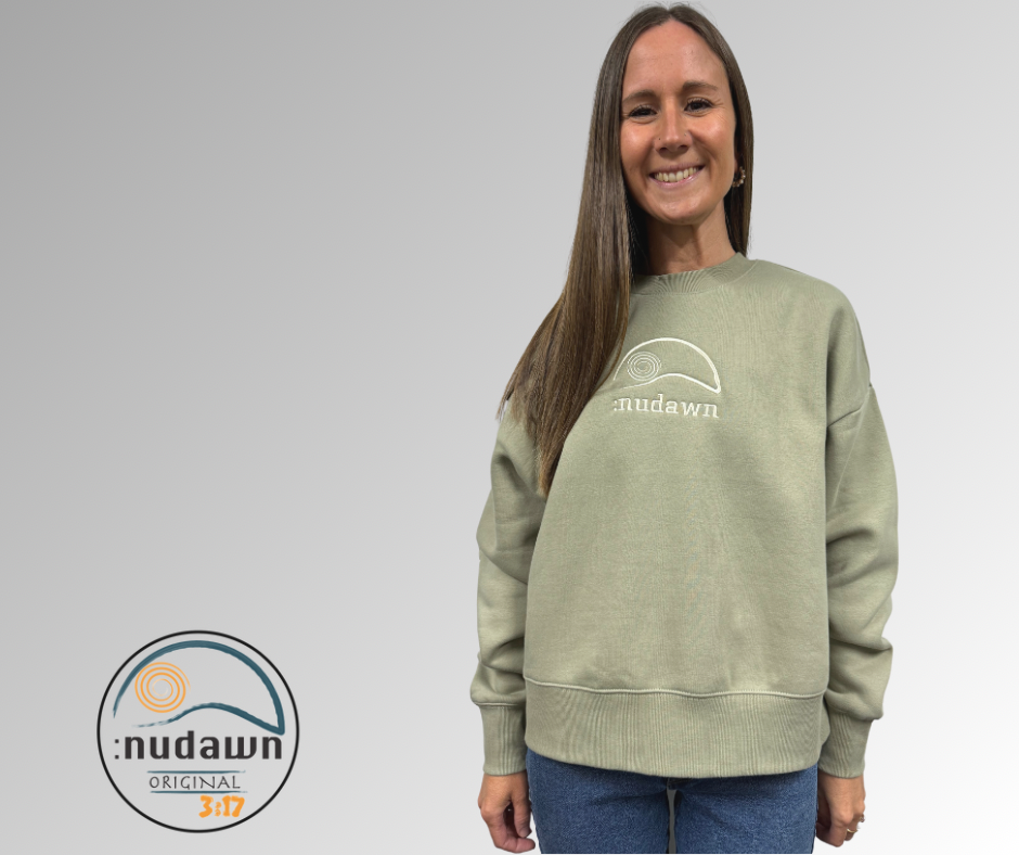 Womens Light Green Crewneck Sweatshirt embroidered with Christian text of Kingdom 3:17 with the branding of :nudawn apparel. 